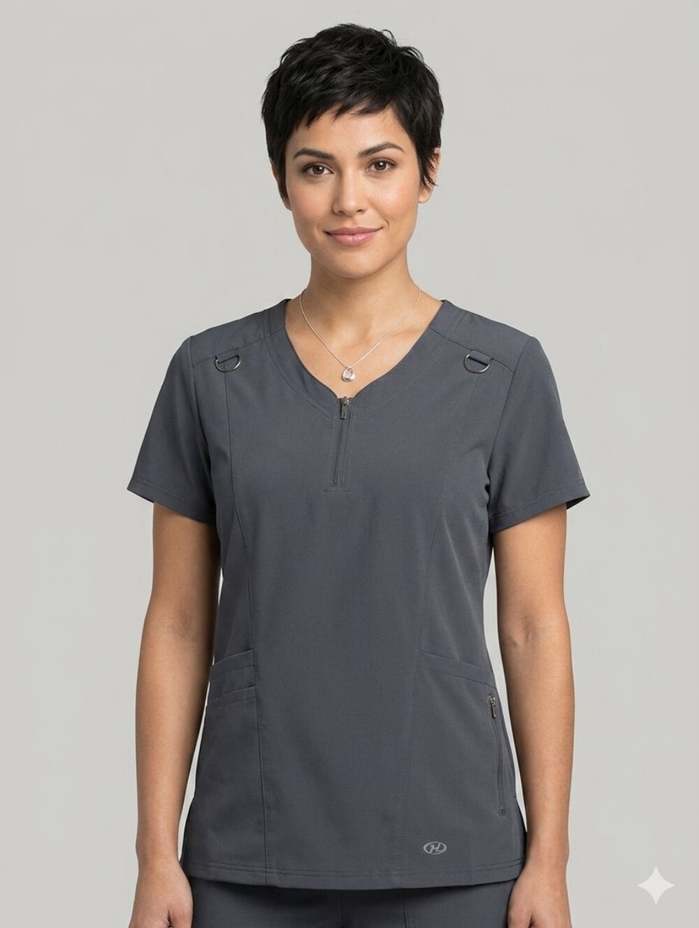 NY Laundry + MEDics Gray Fitted Scrub Top With Badge Clips SZ M